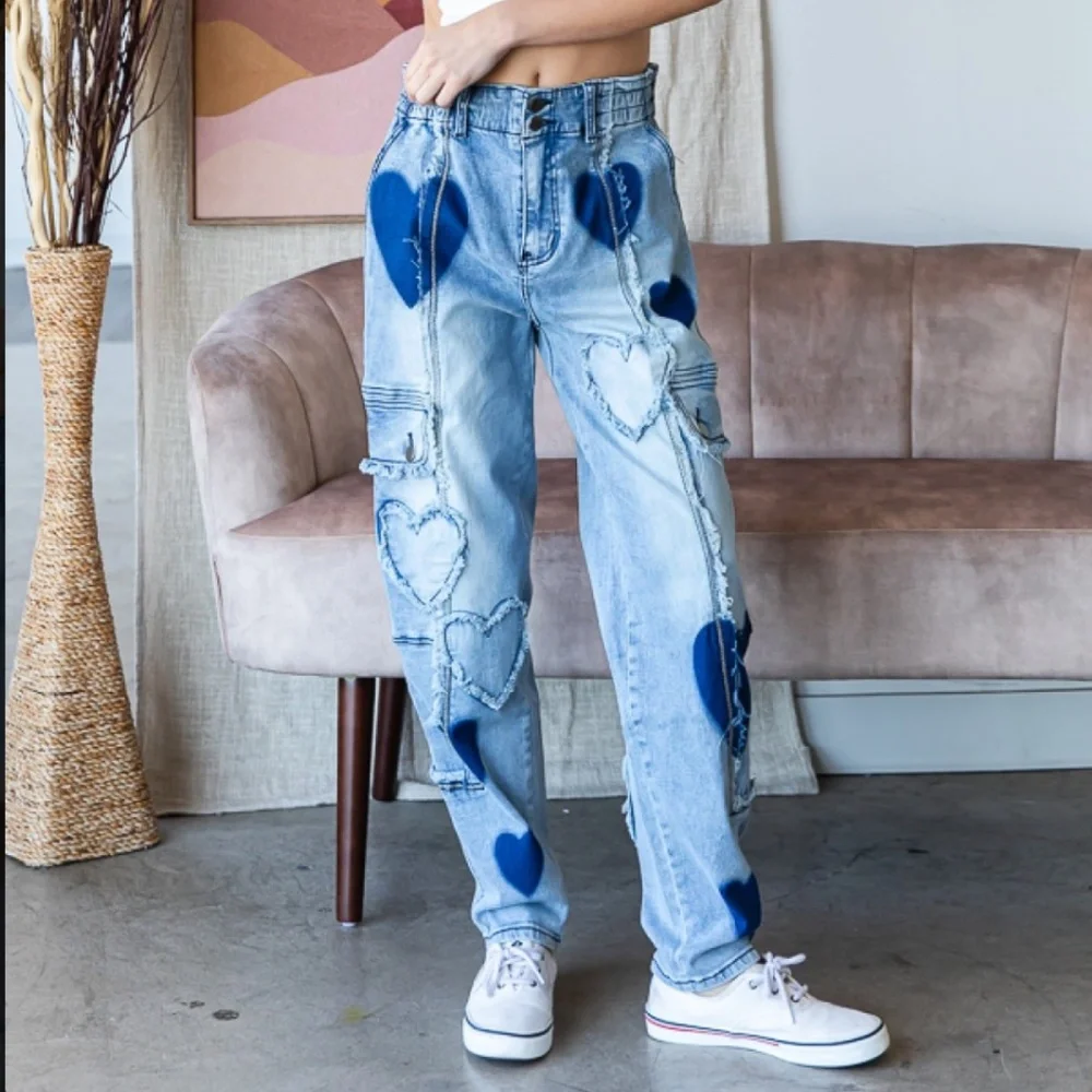 Oli & Hali Light Wash Denim Joggers with Blue Heart Accents - Picture 6 of 7